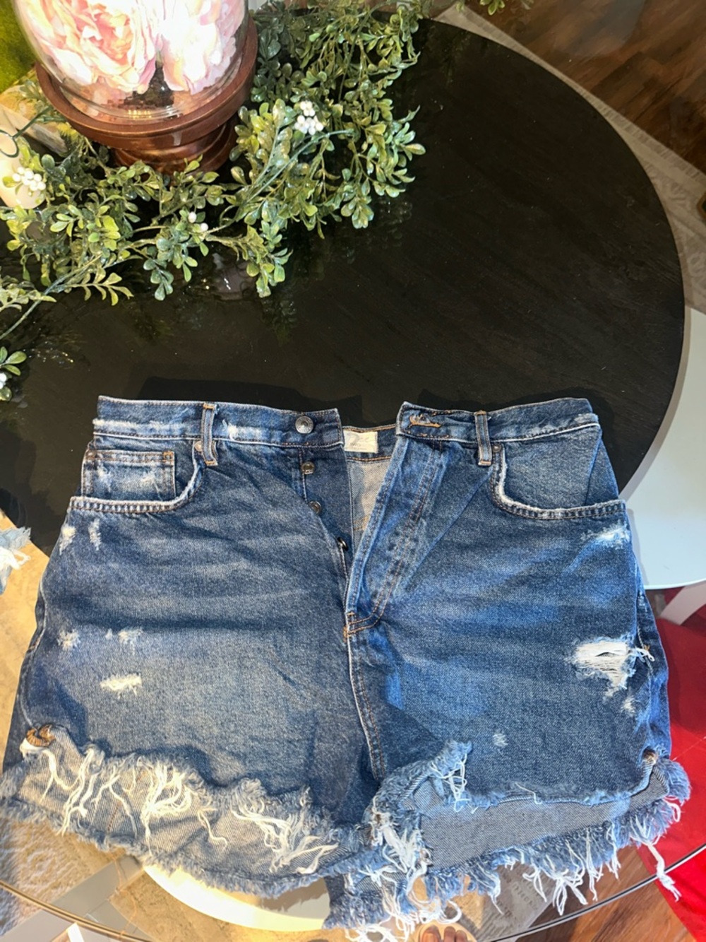 Free People Blue Denim High-Rise Shorts with Contrast Stitching